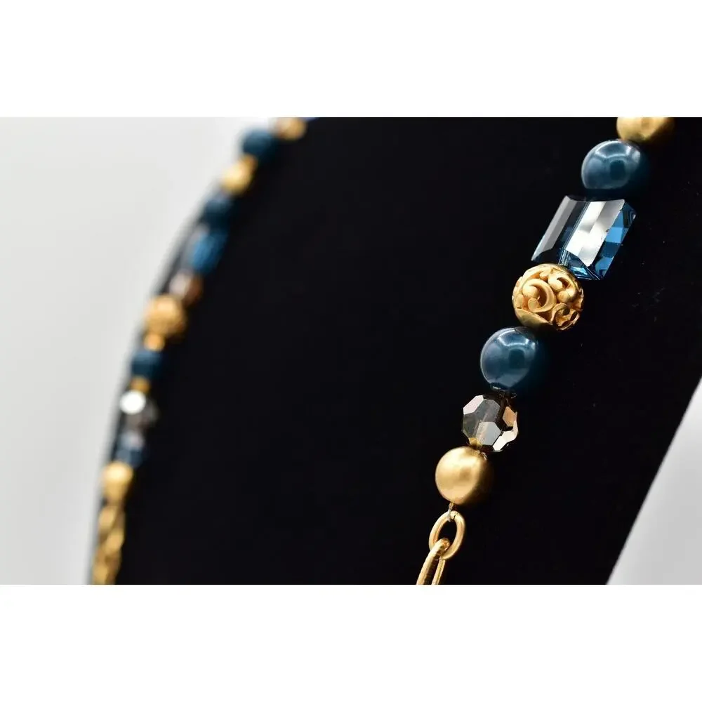 Brighton Chunky Station Necklace Brushed Gold Blue Crystal Contempo Belt BinBJ